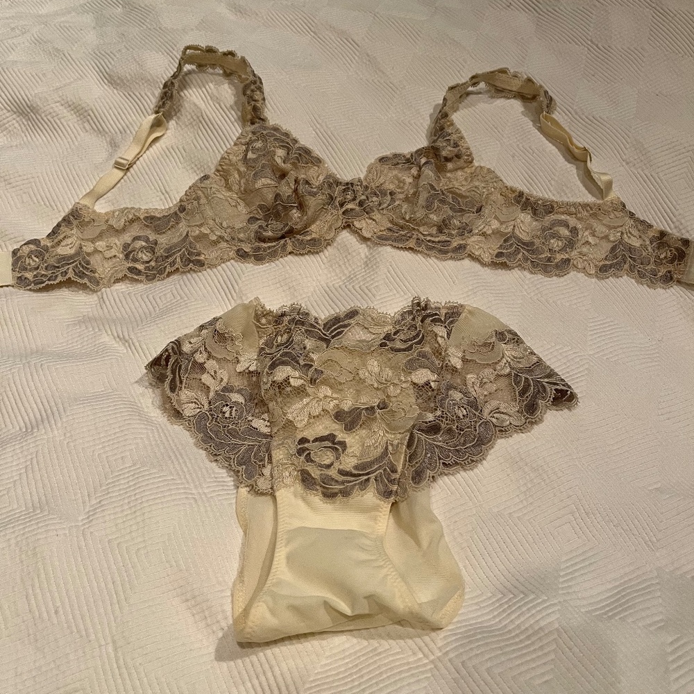 New La Perla Cream and Silver Lace Embroidery Bra and Panty Set